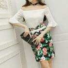 Set: Elbow-sleeve Off Shoulder T-shirt + Floral Fit Skirt
