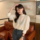 Elbow-sleeve Sheer Lace-trim Shirt