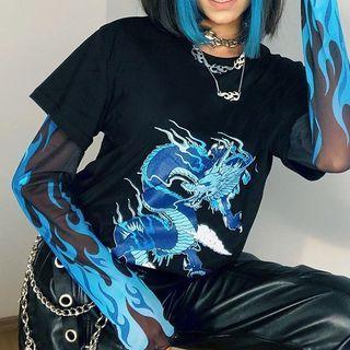 Long-sleeve Dragon Print Mesh Panel T-shirt
