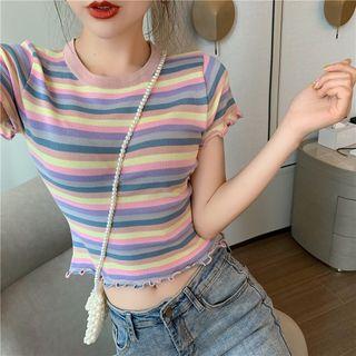 Ruffled-trim Striped Crop T-shirt