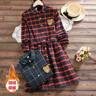 Long-sleeve Bear Applique Plaid A-line Dress