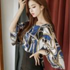 Printed Elbow-sleeve Cut Out Blouse