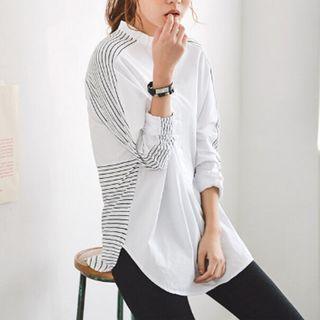 Long-sleeve Striped Panel Stand Collar Blouse