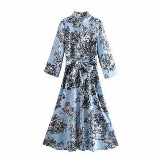 Long-sleeve Floral Tie-waist Midi A-line Shirtdress