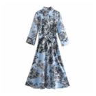 Long-sleeve Floral Tie-waist Midi A-line Shirtdress