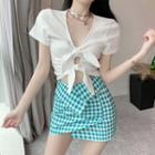 Set: Short-sleeve Lace-up Top + Check Skirt