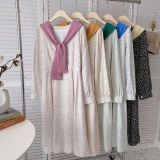 Set: Long-sleeve Floral Print Midi Smock Dress + Shawl
