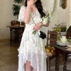 Short-sleeve Floral Sheer A-line Midi Dress