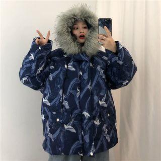 Furry Trim Hooded Print Padded Jacket