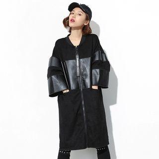 3/4 Sleeve Faux Leather Panel Long Light Jacket