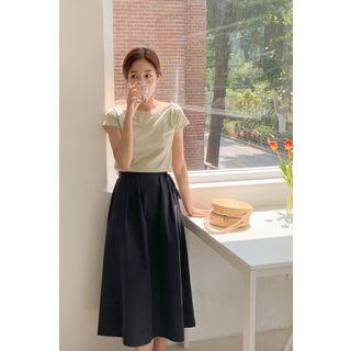 Tie-waist Long Flare Skirt Navy Blue - One Size