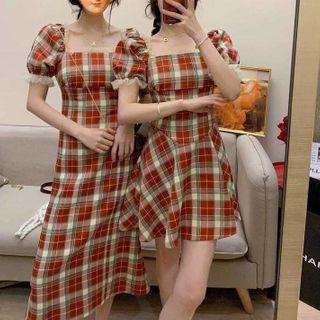 Short-sleeve Plaid Midi A-line Dress / Mini A-line Dress / Camisole Top