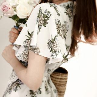 Flutter-sleeve Floral Print Wrap-front Top