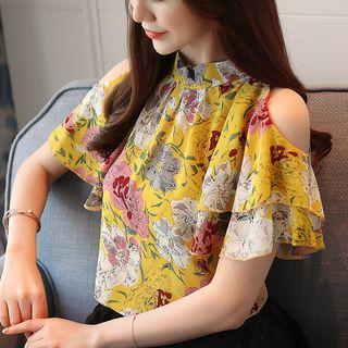 Flower Print Cold-shoulder Chiffon Blouse