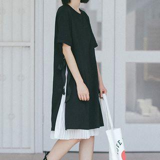 Set: Short-sleeve Slit T-shirt Dress + Spaghetti Strap Midi Dress As Shown In Figure - One Size
