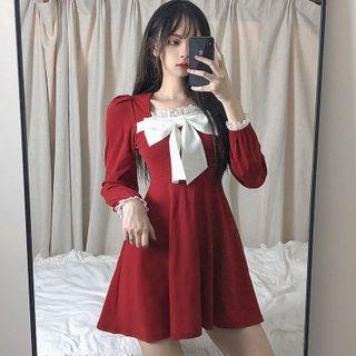 Puff-sleeve Lace Trim Bow A-line Dress