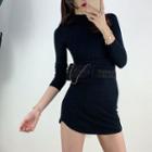 Long-sleeve Mock Neck Mini Bodycon Knit Dress