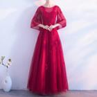 Applique 3/4-sleeve A-line Evening Gown