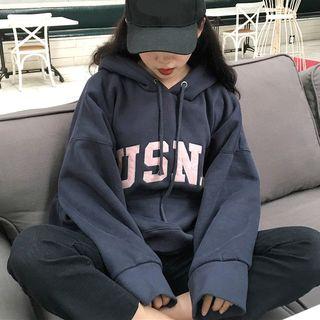 Lettering Embroidered Loose-fit Hooded Pullover