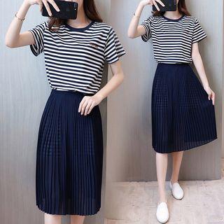 Striped Short Sleeve Pleated Chiffon Hem Dress