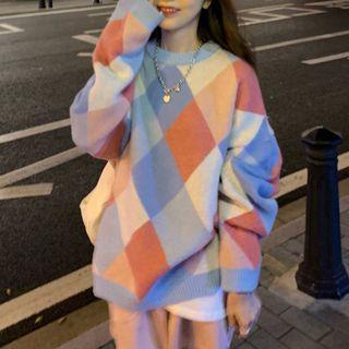 Argyle Print Sweater Argyle - Tangerine & Blue - One Size