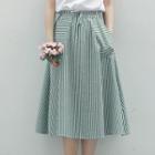 Set: Plain Short-sleeve Blouse + Striped Midi A-line Skirt