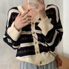 Floral Striped Cardigan Black & Off-white - One Size