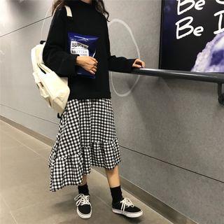 Long-sleeve Plaid Panel Asymmetrical A-line Dress As Shown In Figure - One Size