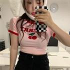 Short-sleeve Cherry Print Cropped T-shirt Pink - One Size