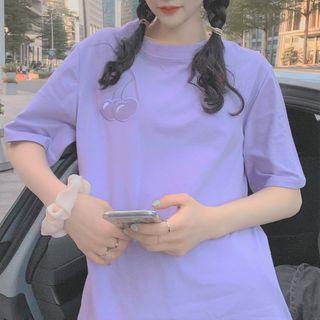 Short-sleeve Cherry Embroidered T-shirt Purple - One Size