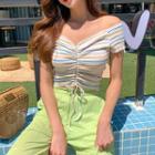 Off-shoulder Drawstring Striped Cropped Top