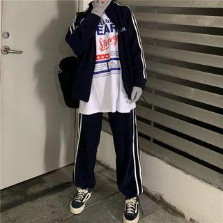 Lettering Long-sleeve T-shirt / Contrast-trim Zip Jacket / Sweatpants