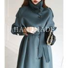 Raglan-sleeve Wool Blend Long Coat With Sash
