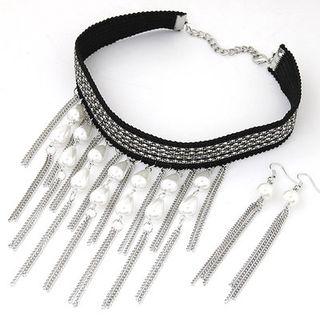 Set: Faux Pearl Chandelier Choker + Tassel Earrings