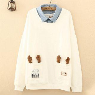 Mock Two-piece Deer Horn Applique Sweatshirt