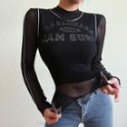 Long Sleeve Mesh Panel Lettering Print Crop Top