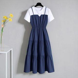 Mock Two-piece Short-sleeve Tiered A-line Dress