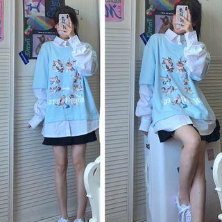 Printed Mock-two Piece Sweatshirt Blue - One Size