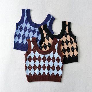 Argyle Print Crop Knit Tank Top