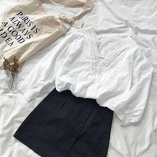 Set: Long-sleeve Perforated Top White - One Size