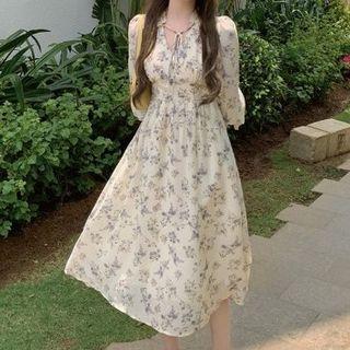 Plain Cardigan / Long-sleeve Floral Midi A-line Dress / Spaghetti Strap Midi A-line Dress