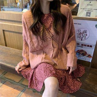 Floral Mini A-line Dress / Plain Cardigan