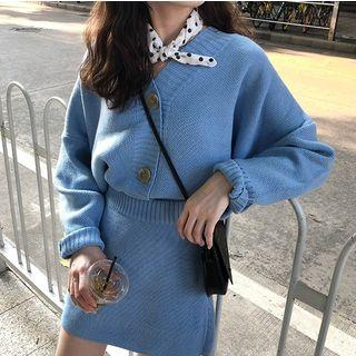 Set: V-neck Cardigan + Mini A-line Knit Skirt