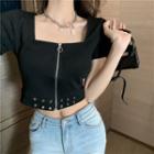 Short-sleeve Zip-up Square-neck Crop Top