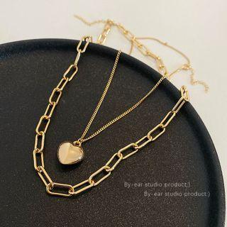 Heart Pendant Layered Stainless Steel Necklace X428 - Gold - One Size