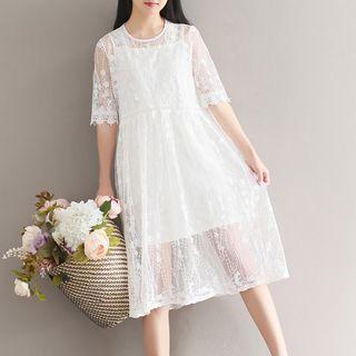 Set: Elbow Sleeve Lace Midi Dress + Spaghetti Strap Dress