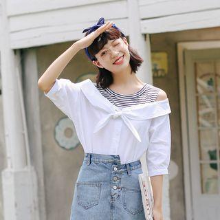 Mock Two-piece Striped Panel 3/4-sleeve Top