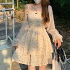 Long-sleeve Plain Lace Up Cardigan / Spaghetti-strap Floral Ruched Layered Dress