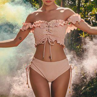 Set: Off-shoulder Lace-up Bikini Top + Bottom