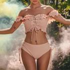 Set: Off-shoulder Lace-up Bikini Top + Bottom